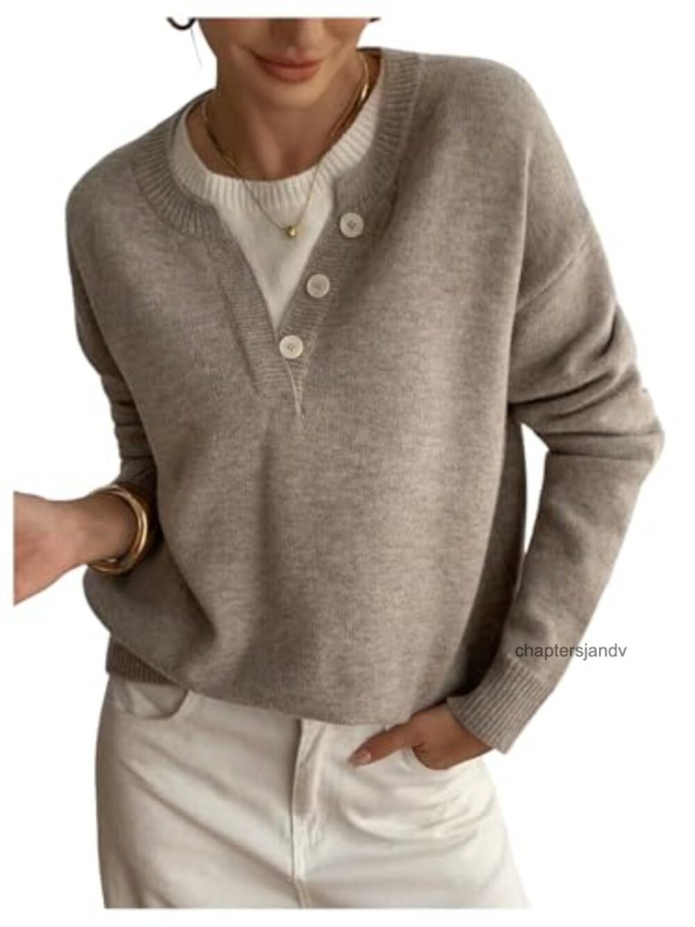 Oversized Button Front Henley Sweater Long Sleeve Women's Loose Pullover